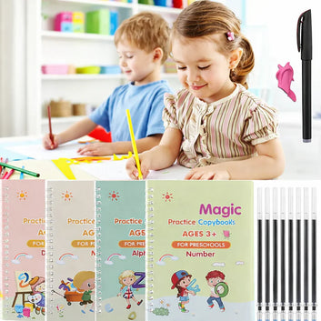 Magic Practice Copybook Set (8 Books + 20 Refills + 2 Pens + Grips) – Reusable Handwriting, Drawing & Learning Kit for Kids (Age 3+)